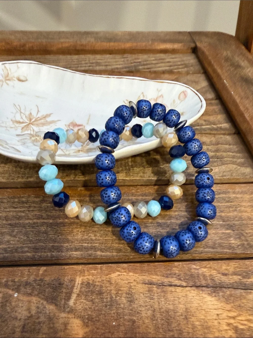 Set of 2 Handmade Blue Beaded Stretch Bracelets – Lava Stone & Faceted Beads